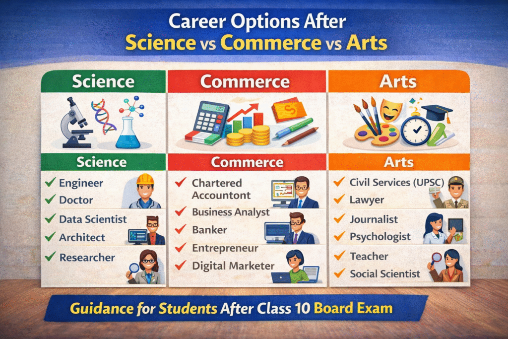 career options after science commerce arts after 10th infographic for students choosing stream