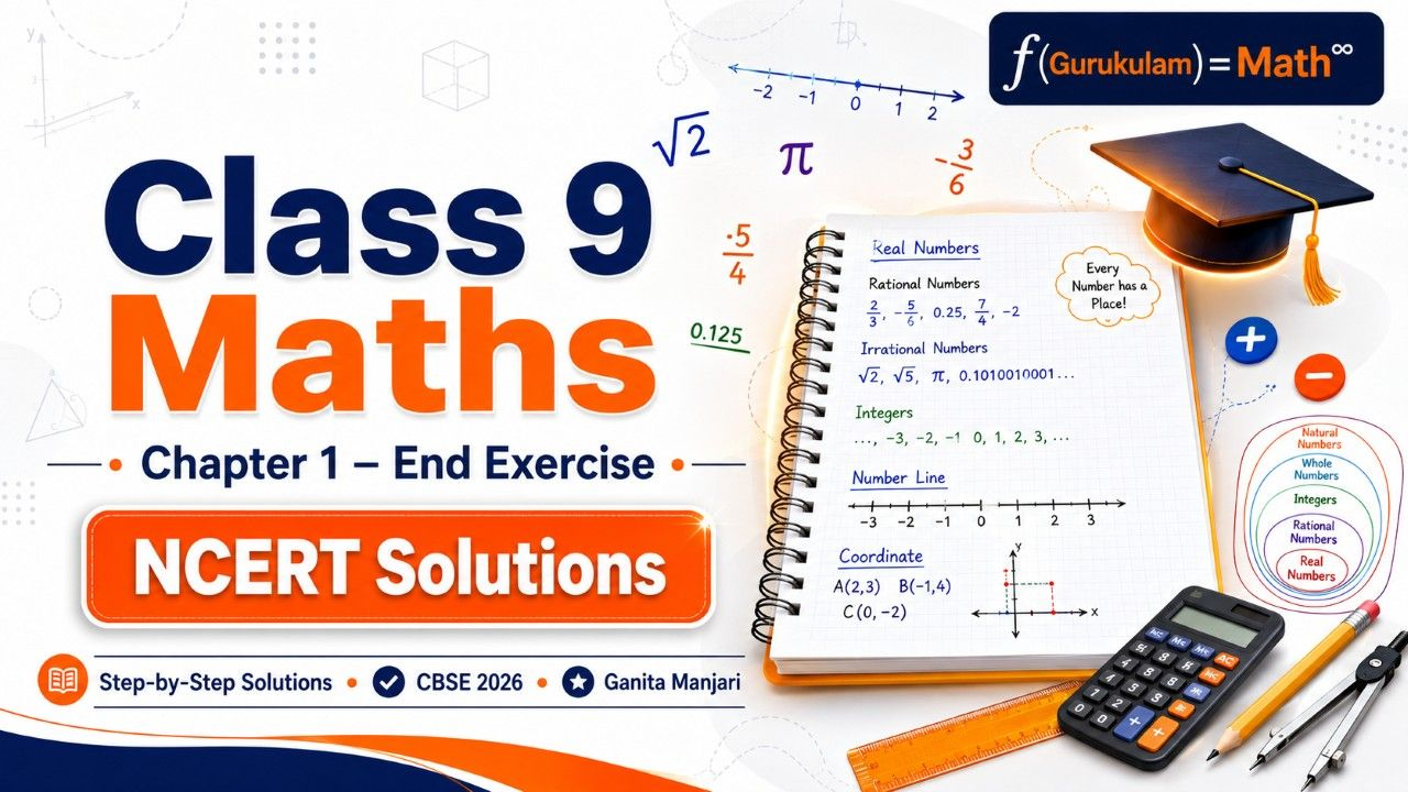 Class 9 Maths Chapter 1 End Exercise NCERT Solutions featuring real numbers, rational numbers, irrational numbers, integers, and step-by-step CBSE 2026 solutions by Maths Gurukulam.