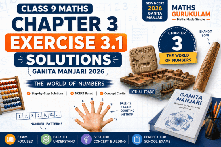 Class 9 Maths Chapter 3 Exercise 3.1 Solutions Ganita Manjari 2026 featuring Lothal trade, Ishango Bone, closure property of natural numbers and base-12 finger counting.