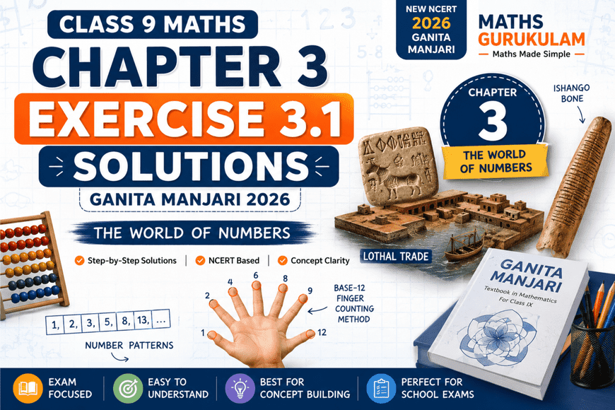 Class 9 Maths Chapter 3 Exercise 3.1 Solutions Ganita Manjari 2026 featuring Lothal trade, Ishango Bone, closure property of natural numbers and base-12 finger counting.