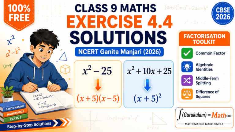 Class 9 Maths Chapter 4 Exercise 4.4 Solutions with step-by-step factorisation using algebraic identities based on the latest NCERT Ganita Manjari (2026) CBSE syllabus.