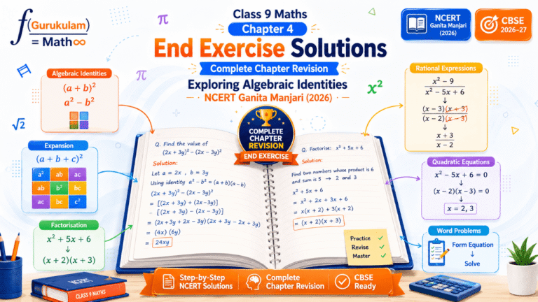 Class 9 Maths Chapter 4 End Exercise Solutions with complete chapter revision covering algebraic identities, factorisation, rational expressions, quadratic equations and word problems based on NCERT Ganita Manjari (2026).