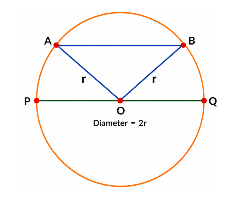 Circle with centre O and chord AB showing that the chord cannot be longer than the diameter