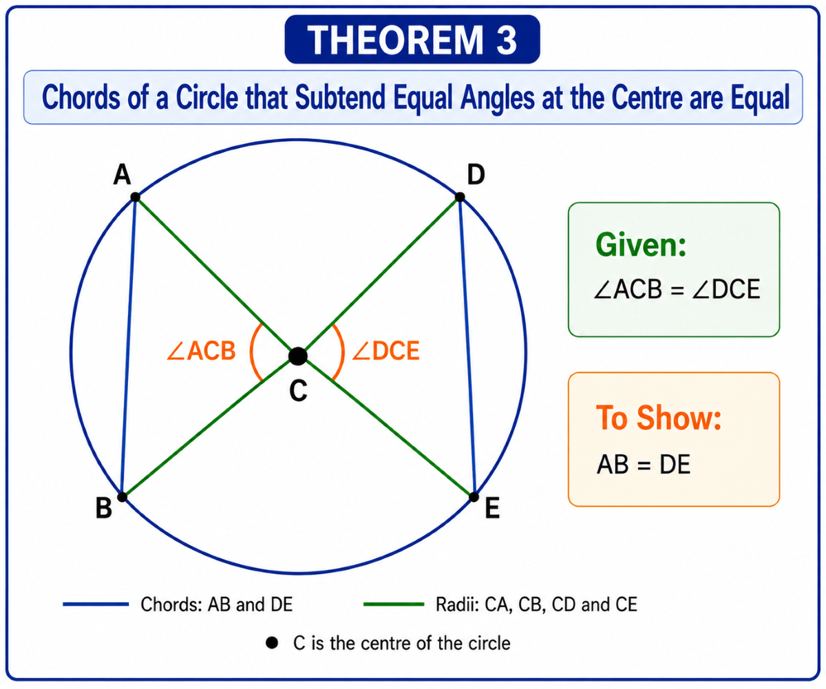 Circle with centre C, chords AB and DE, and equal central angles ACB and DCE