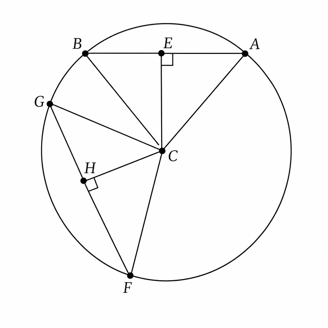 Class 9 Maths Exercise 5.4 Question 2 diagram showing chords AB and GF, centre C, points E and H, and perpendiculars CE and CH