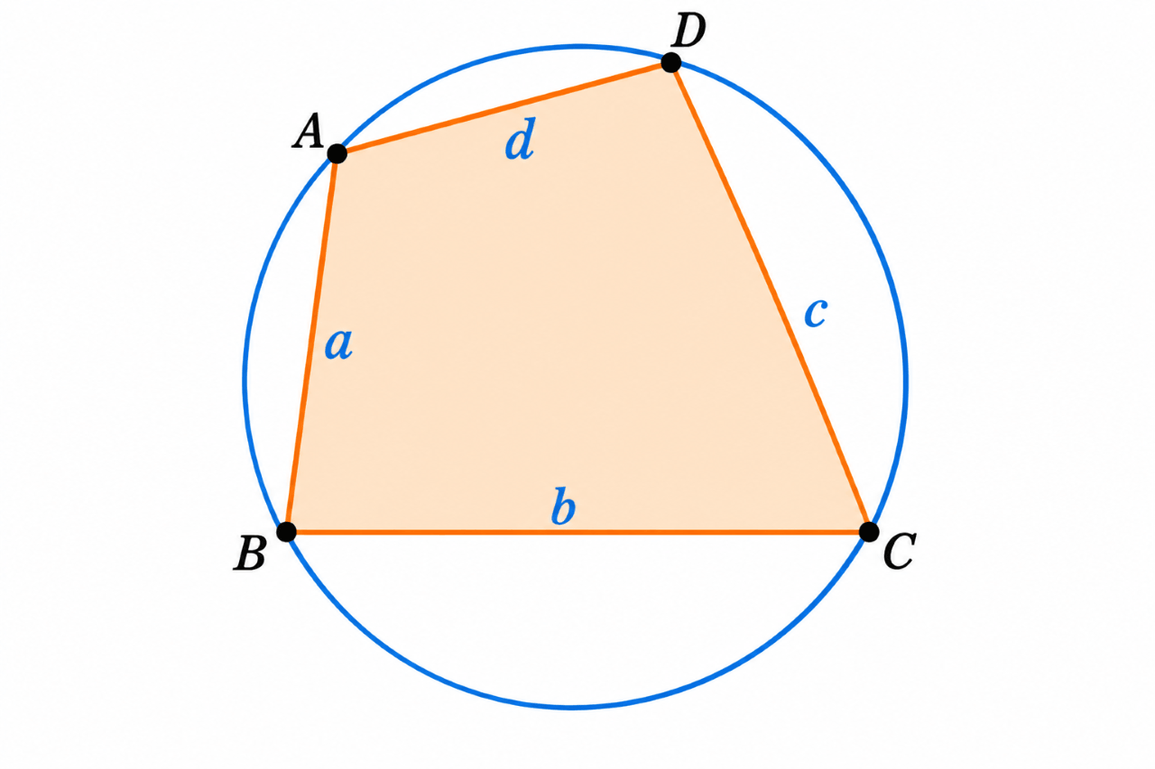 Cyclic quadrilateral ABCD inscribed in a circle for understanding Brahmagupta's formula