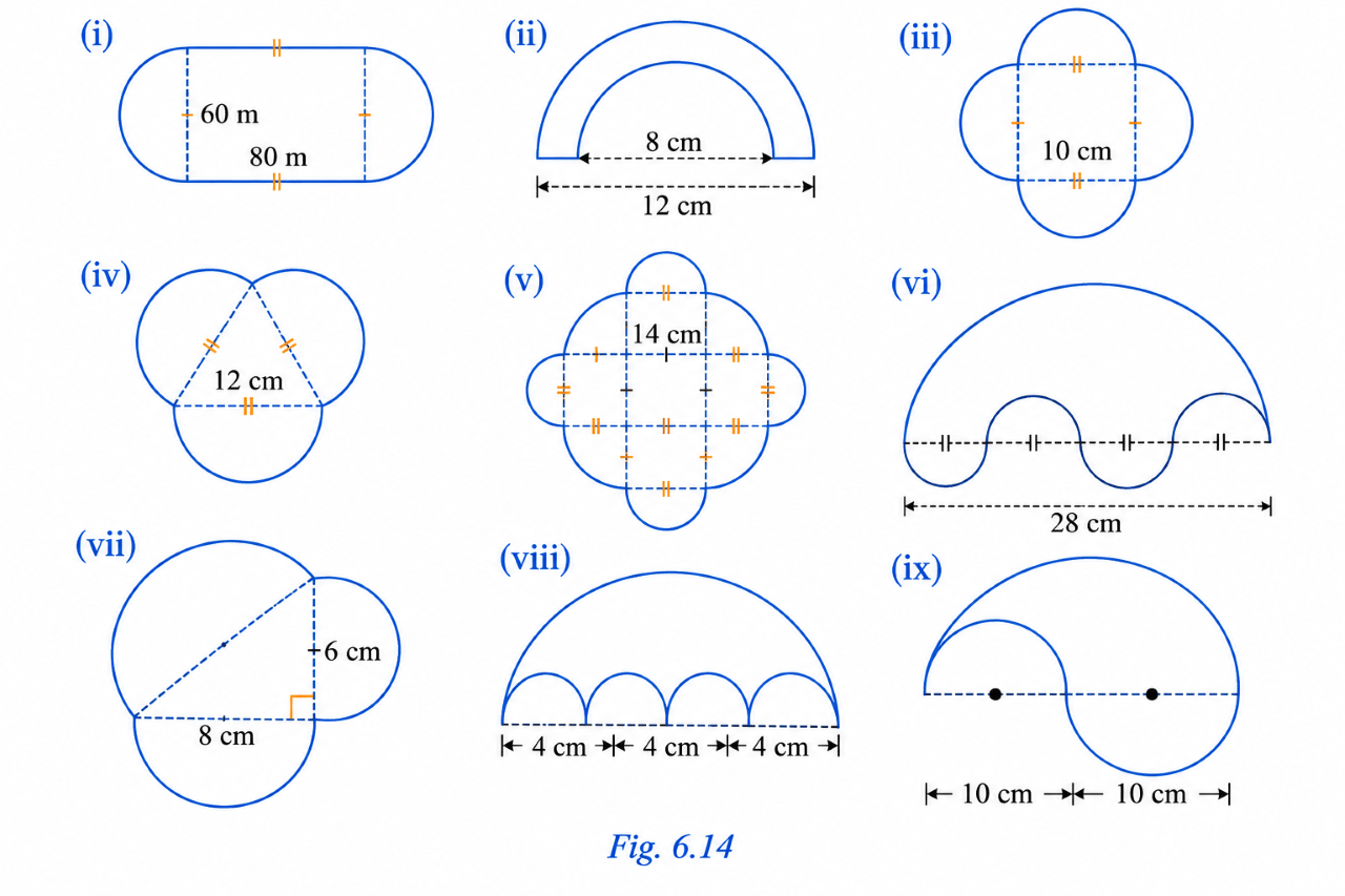 Class 9 Maths Chapter 6 Exercise 6.1 Question 5 figures showing shapes with quarter, half and three-quarter circular arcs