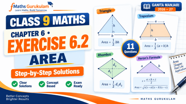 Class 9 Maths Chapter 6 Exercise 6.2 Solutions covering area of triangles, trapeziums, rhombuses and Heron's Formula