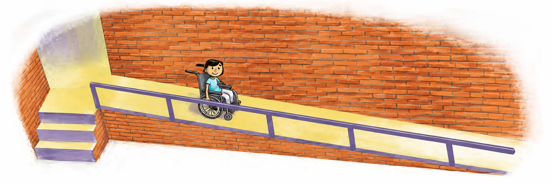 A child using a wheelchair on an accessibility ramp alongside a staircase, with a brick wall and purple handrails.